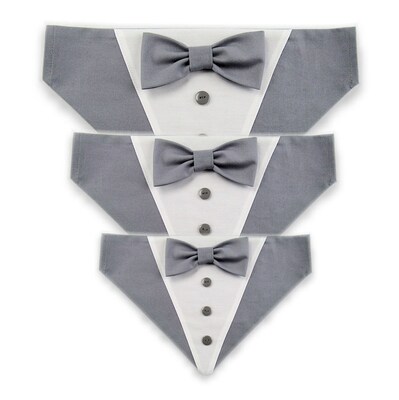 Dog Bandana with Bow Tie - "Gray Tuxedo with Gray Bow Tie" - Extra Small to Large Dog - Slide on Bandana - Over The Collar - AA - image2